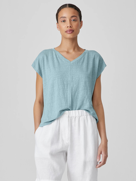 A person stands against a plain background, wearing a light blue, short-sleeved, V-neck top and white pants. Their hands are partially in their pockets.