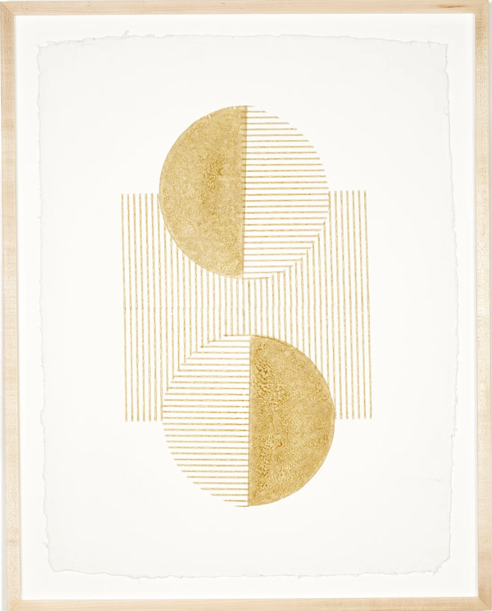 A block print of circles, lines, and a square.