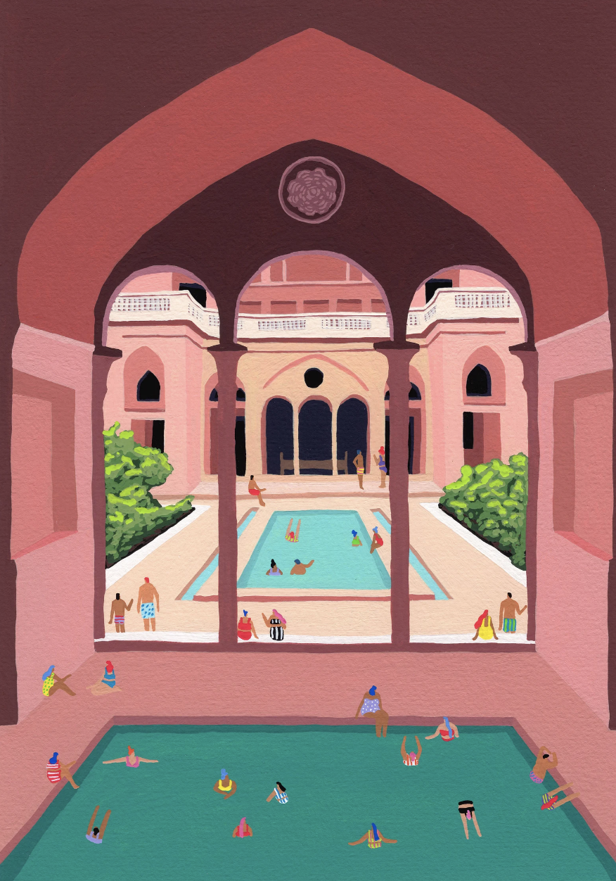Artwork of a turkish bath.