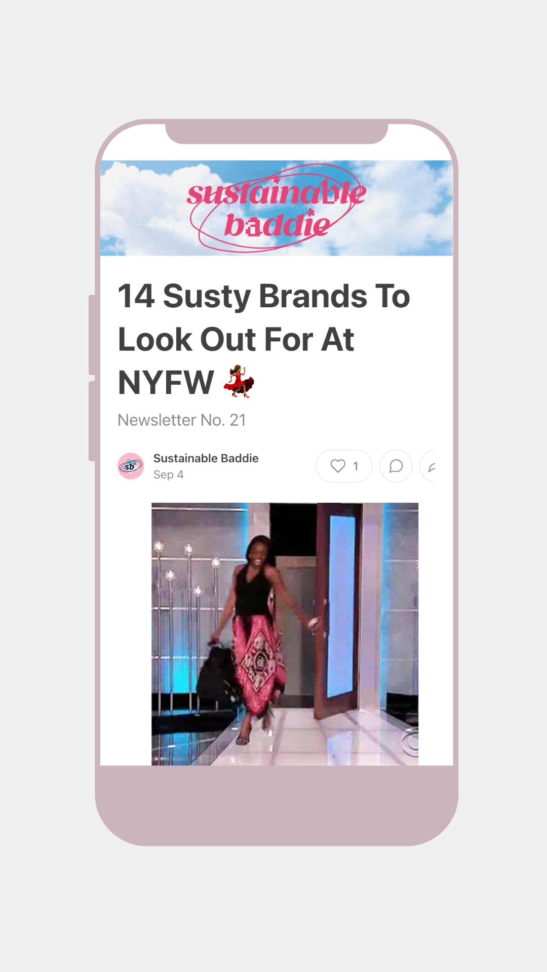 A screenshot of the Sustainable Baddie newsletter on an iphone graphic.