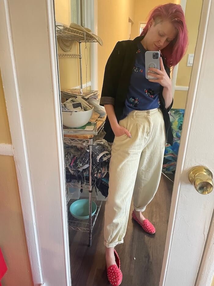 The same shirt with all thrifted pieces in 2022