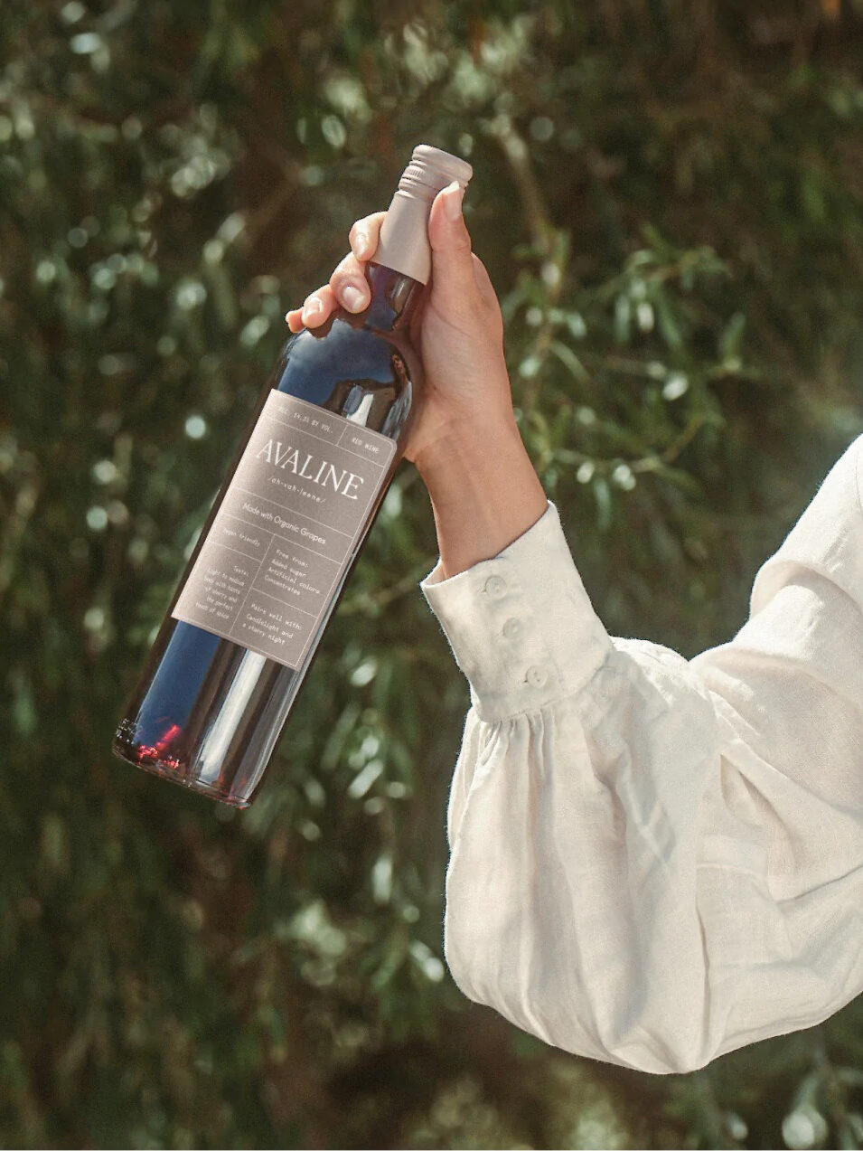 A hand holds out a bottle of Avaline red wine. 