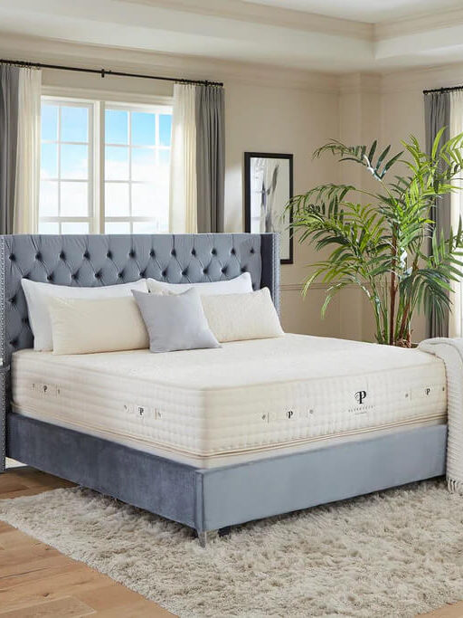 A platform bed with a vegan mattress.