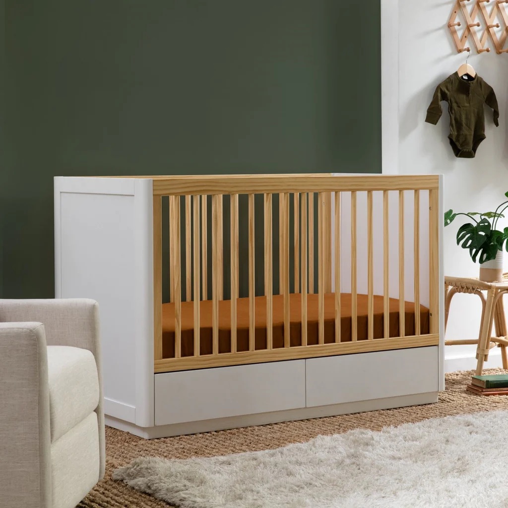 A modern wooden crib.