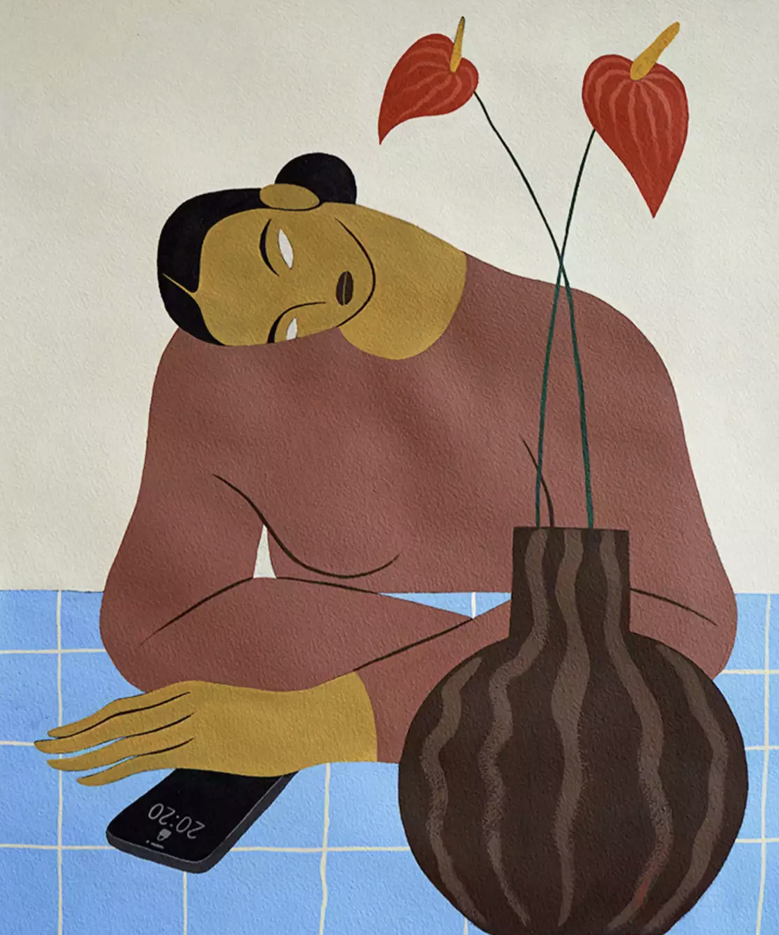 An abstracted image of a woman at a table looking at her iPhone with a vase and flowers.