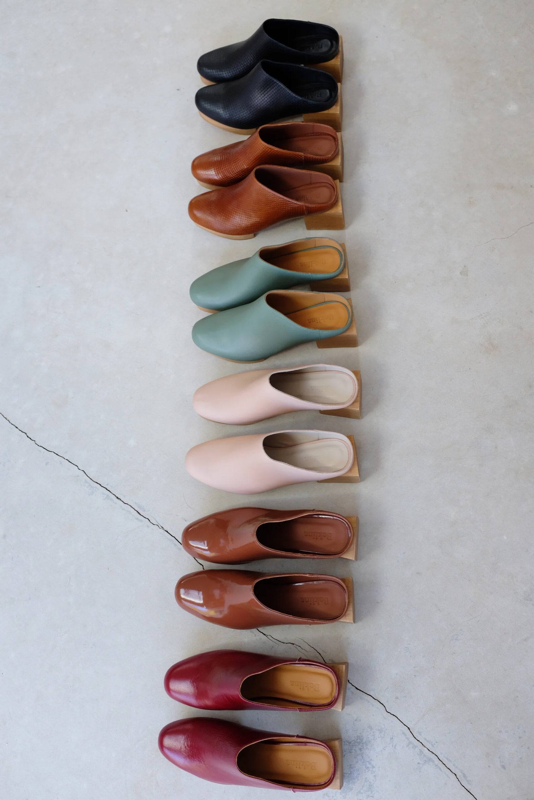 A line of various colored mules.