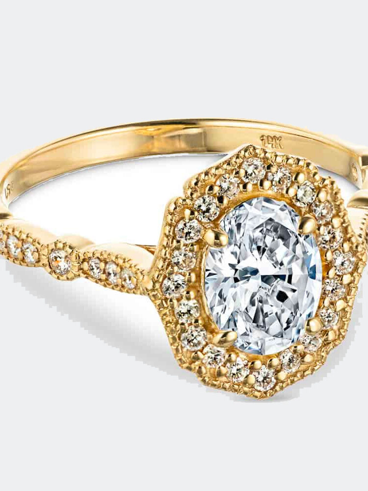 Close up of a moissanite ring from Miadonna