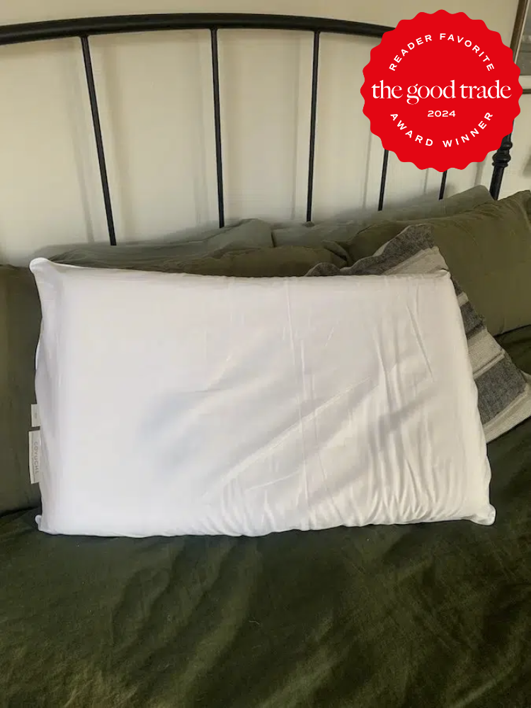 Coyuchi organic pillow on a bed with a TGT Reader Favorite badge.