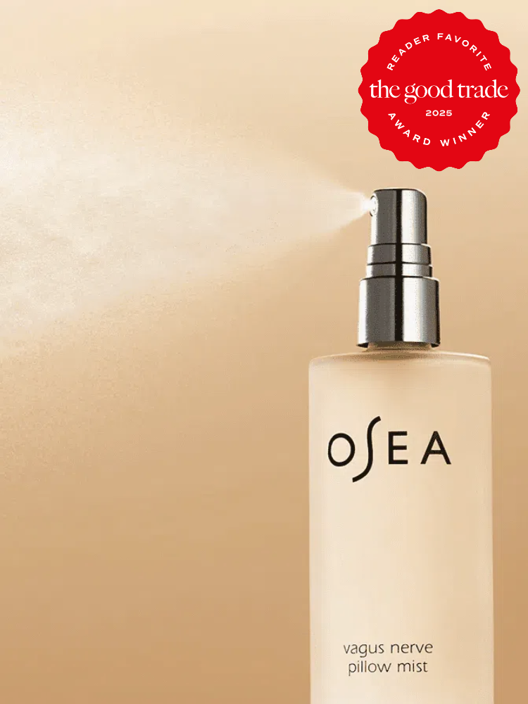 OSEA vagus nerve pillow mist being sprayed, with a red award badge indicating "The Good Trade 2025 Reader Favorite Award Winner.