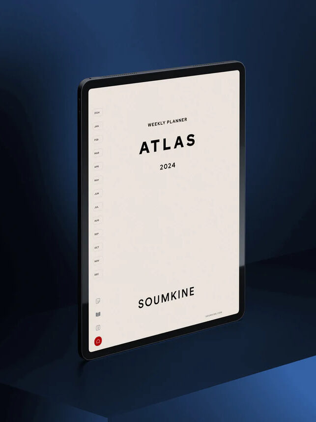 The front of the Soumkine digital planner on a tablet.