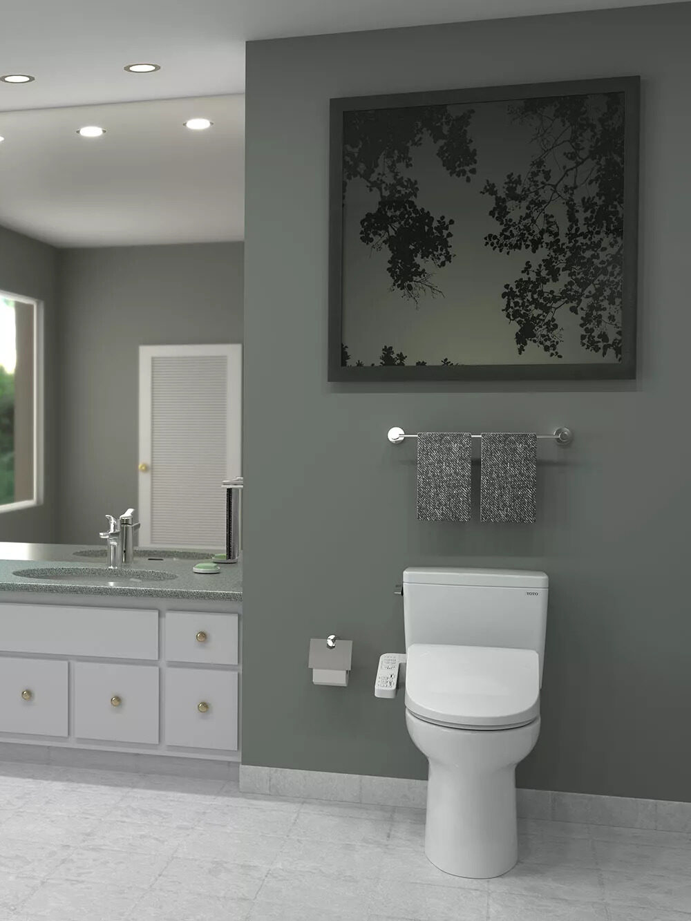 TOTO bidet on a toilet in a bathroom. 