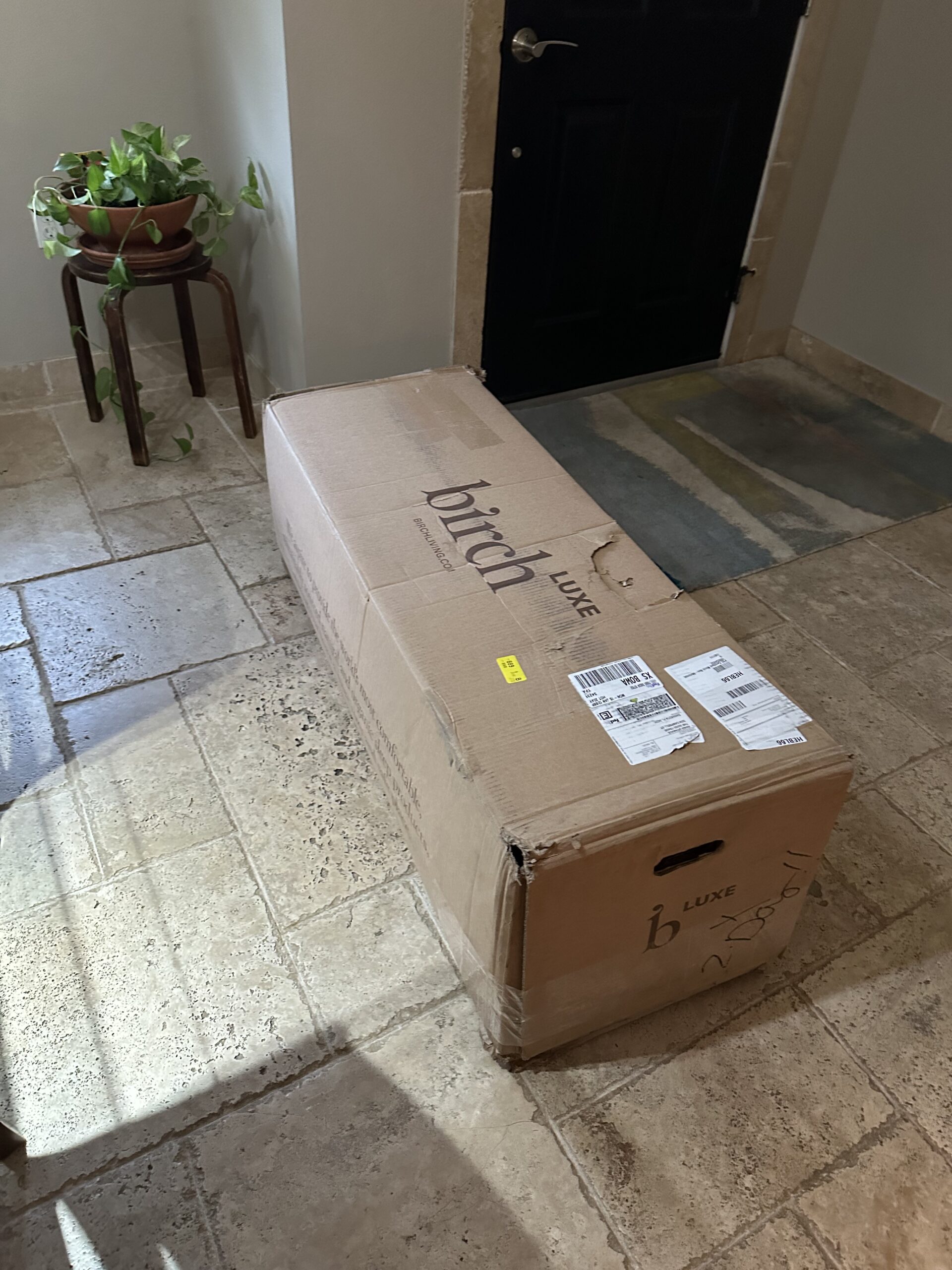 A Birch Luxe mattress delivery box.