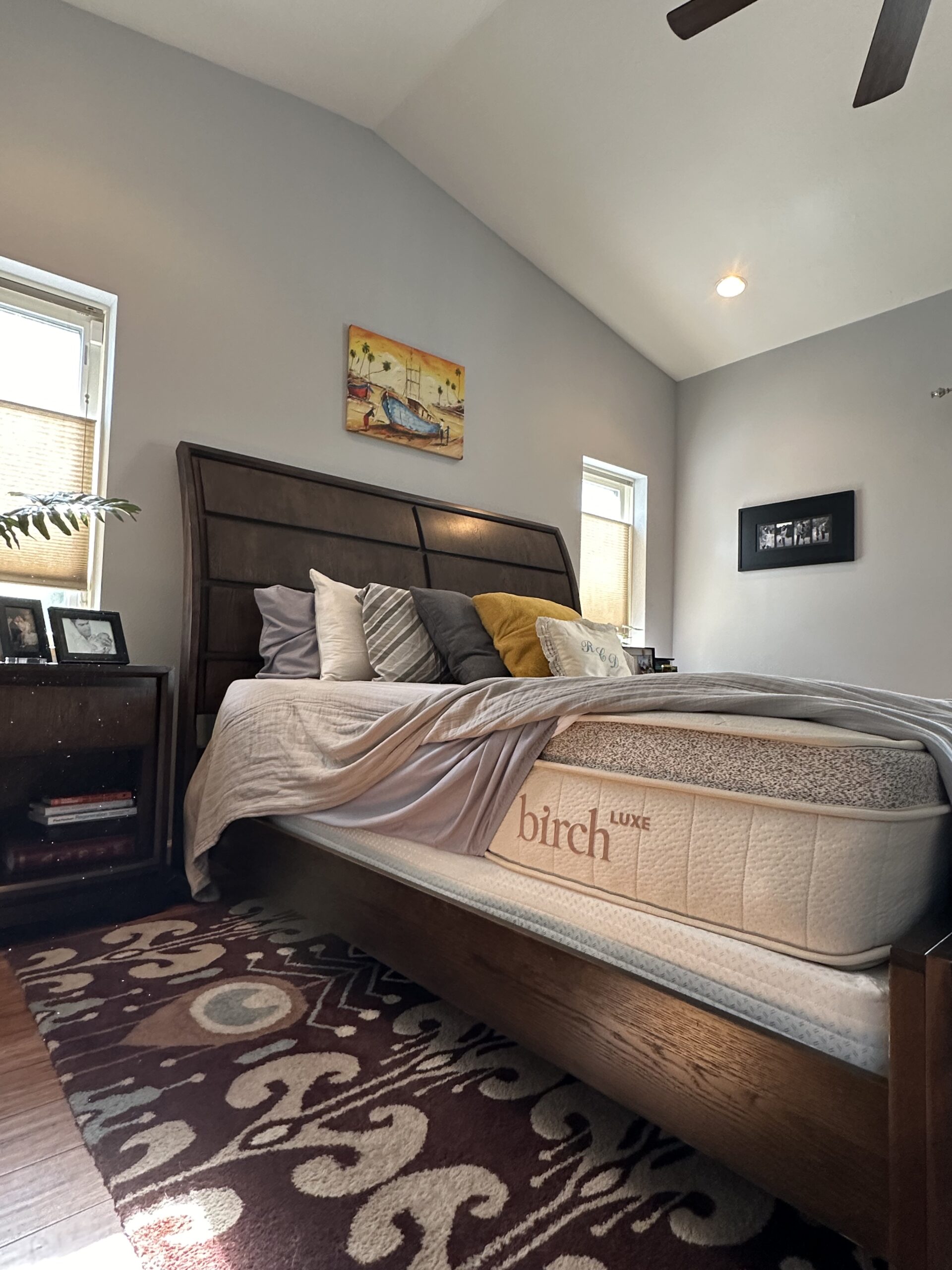 Bedroom with a king sized bed frame, featuring the Birch Luxe King Mattress.