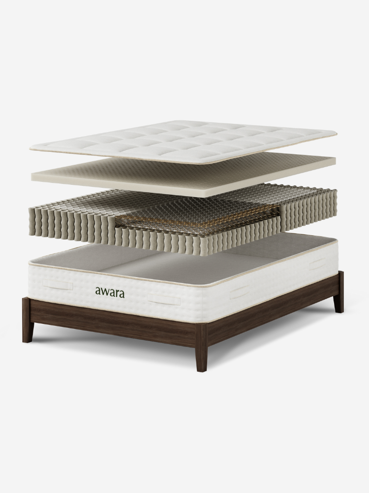 A cross-section view of an Awara mattress showing its multiple layers including a quilted top cover, latex, coil springs, and a supportive base, displayed on a wooden bed frame.