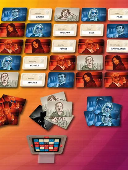 A board game layout with illustrated cards arranged in a grid, some with red and blue filters, and an electronic device displaying additional options.