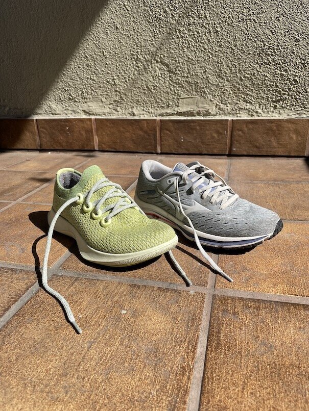 Allbirds Tree Runners shoes next to a pair of Mizuno Runners.