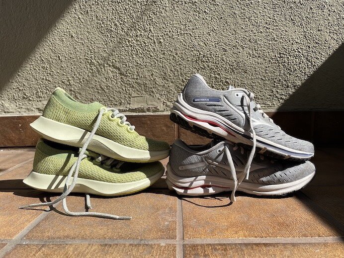 Allbirds Tree Runners shoes next to a pair of Mizuno Runners.