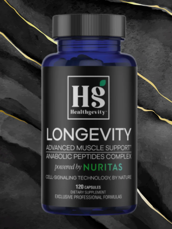 A bottle of Healthgevity Longevity Advanced Muscle Support capsules with Anabolic Peptides Complex, containing 120 capsules, displayed against a black and gold textured background.