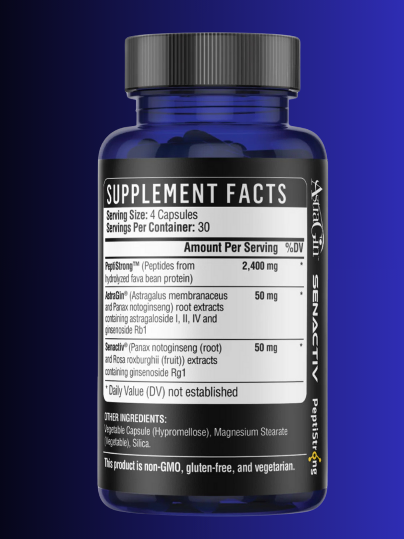 A bottle of dietary supplement capsules on a dark background. The label displays supplement facts and ingredient information. The product is non-GMO, gluten-free, and vegetarian.