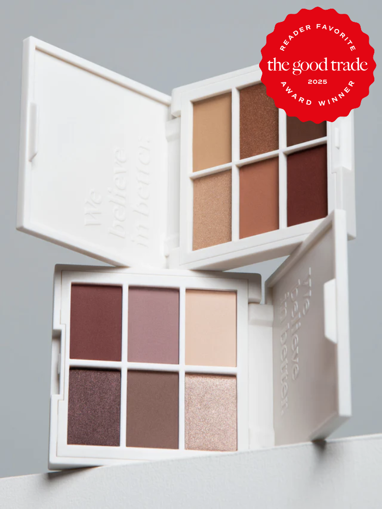 Two open makeup palettes with various brown and neutral shades, displayed on a gray background. A red "Reader Favorite" award badge is visible in the top right corner.