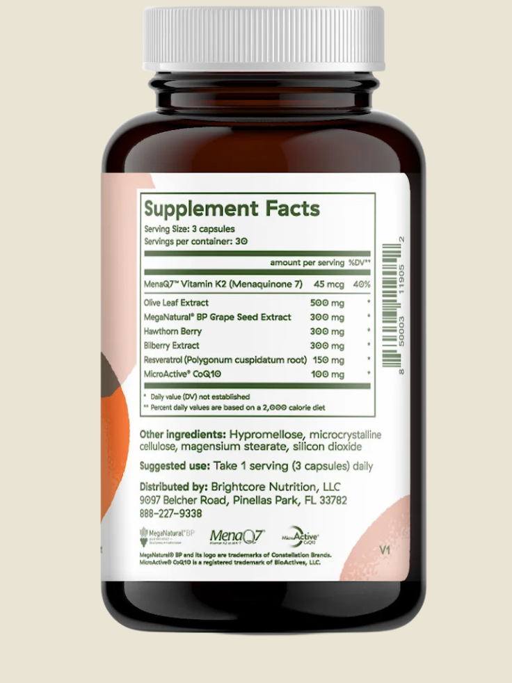 A brown plastic bottle with a white label displaying "Supplement Facts" and listings for ingredients, including Vitamin K2, Olive Leaf Extract, Hawthorn Berry, and Resveratrol, among others.