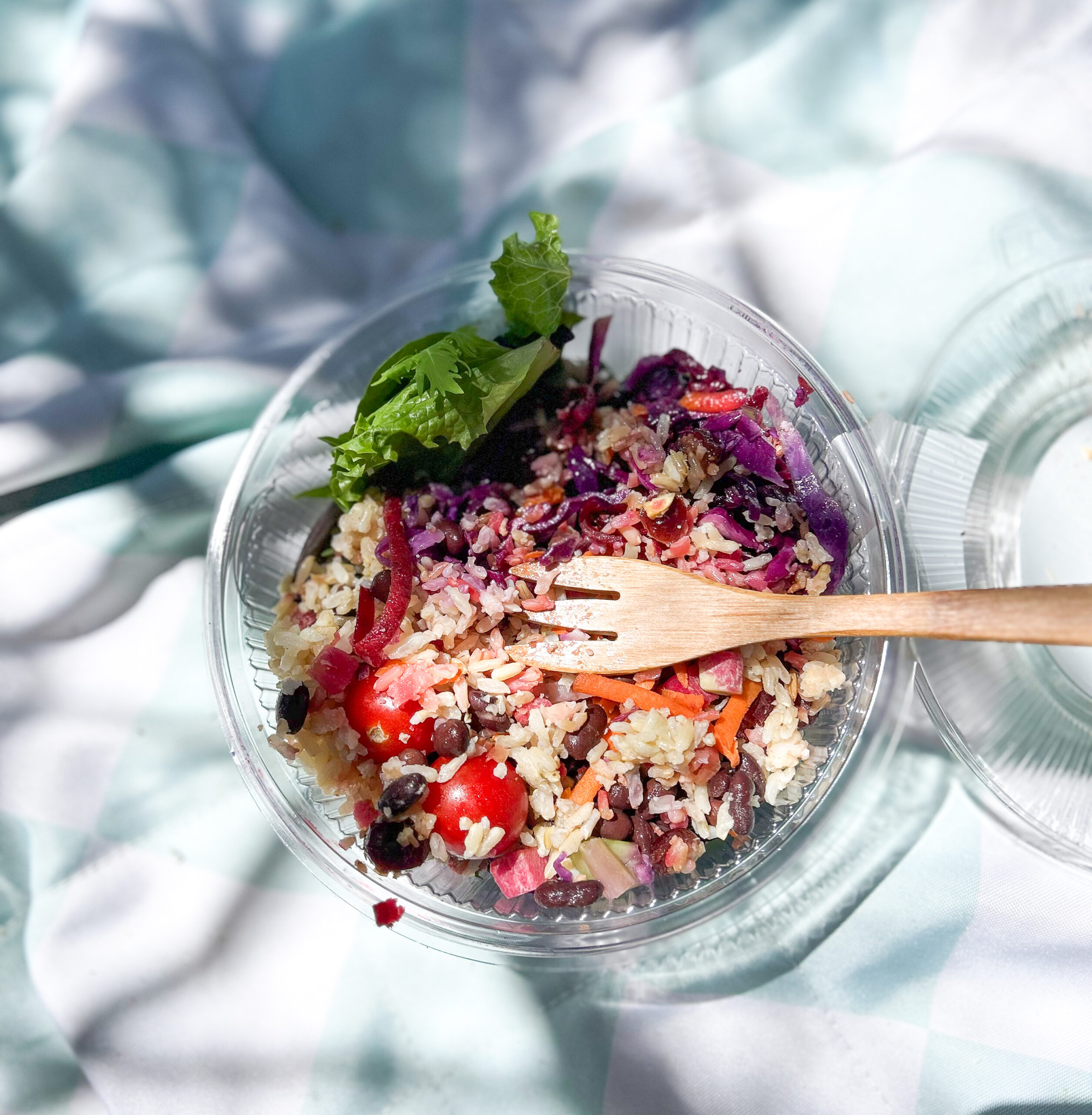 A clear plastic bowl containing a mixture of rice, cherry tomatoes, shredded purple cabbage, carrots, and leafy greens, with a wooden fork on top, placed on a blue and white checkered surface.