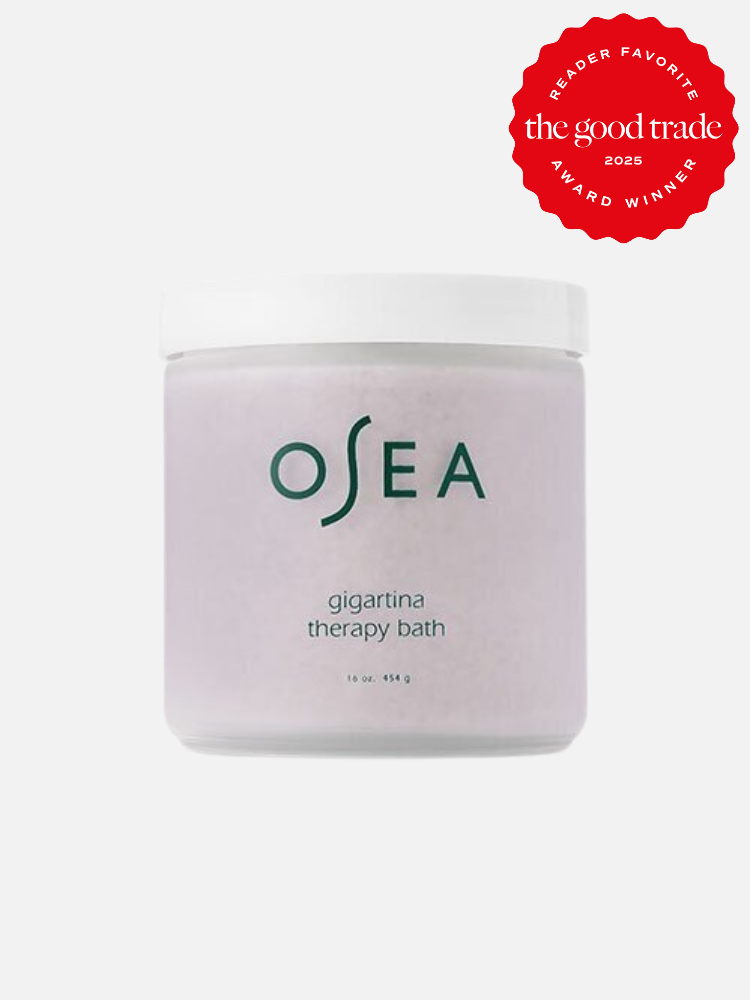 OSEA Gigartina Therapy Bath in a white jar with minimalist design, featuring a red "The Good Trade Reader Favorite 2023 Award Winner" badge.