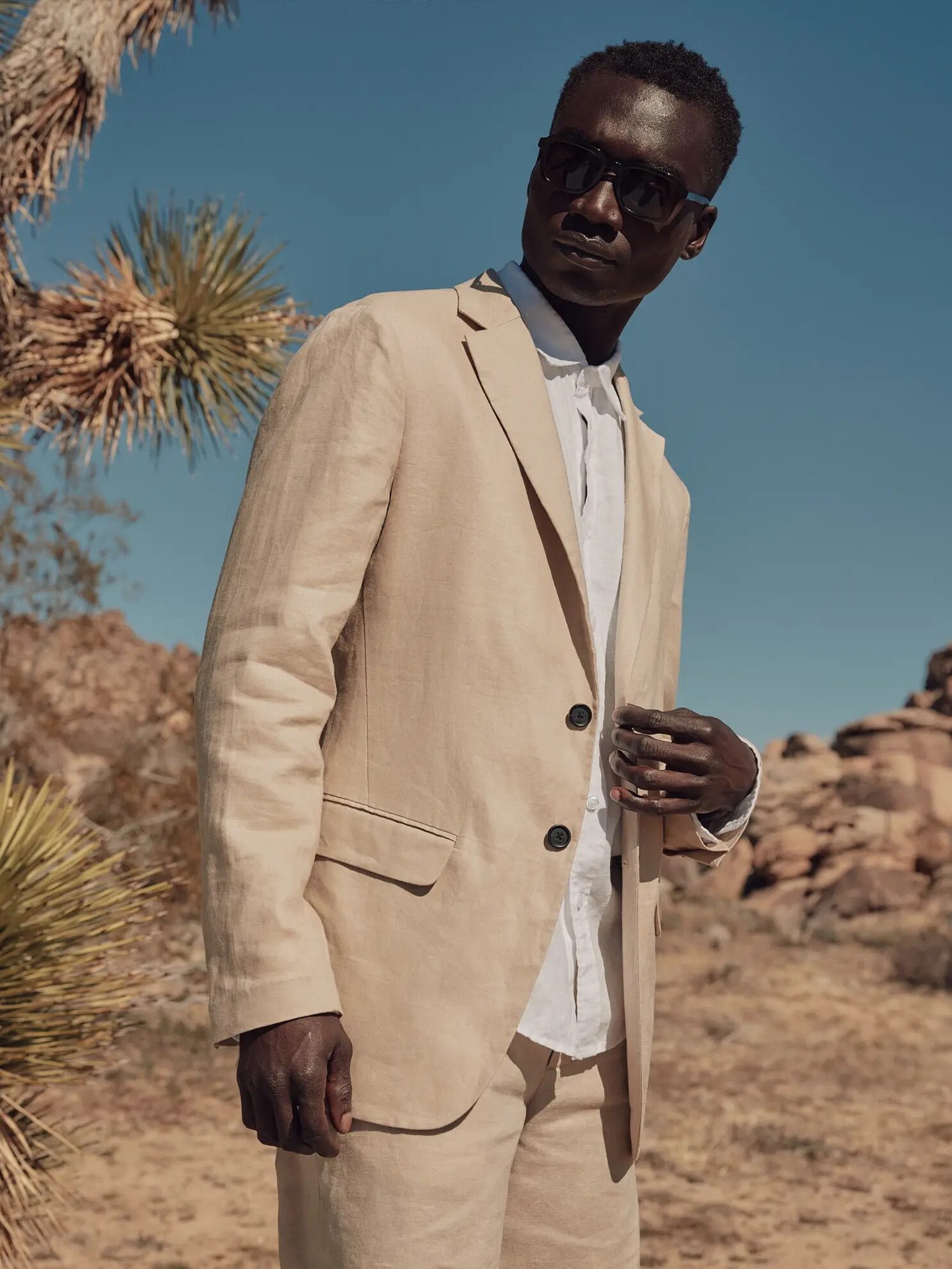 A person in a beige suit and sunglasses stands in a desert-like environment with cacti and rocks under a clear sky.