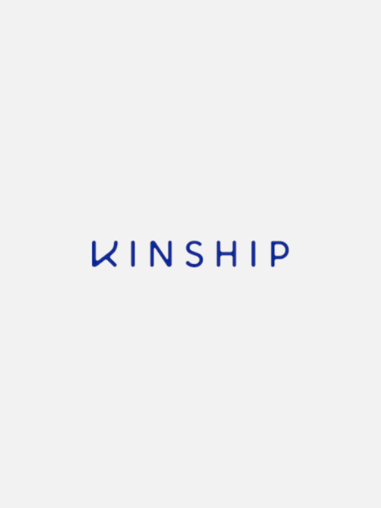 The image displays the word "KINSHIP" written in capital letters with a modern, minimalist blue font on a plain white background.
