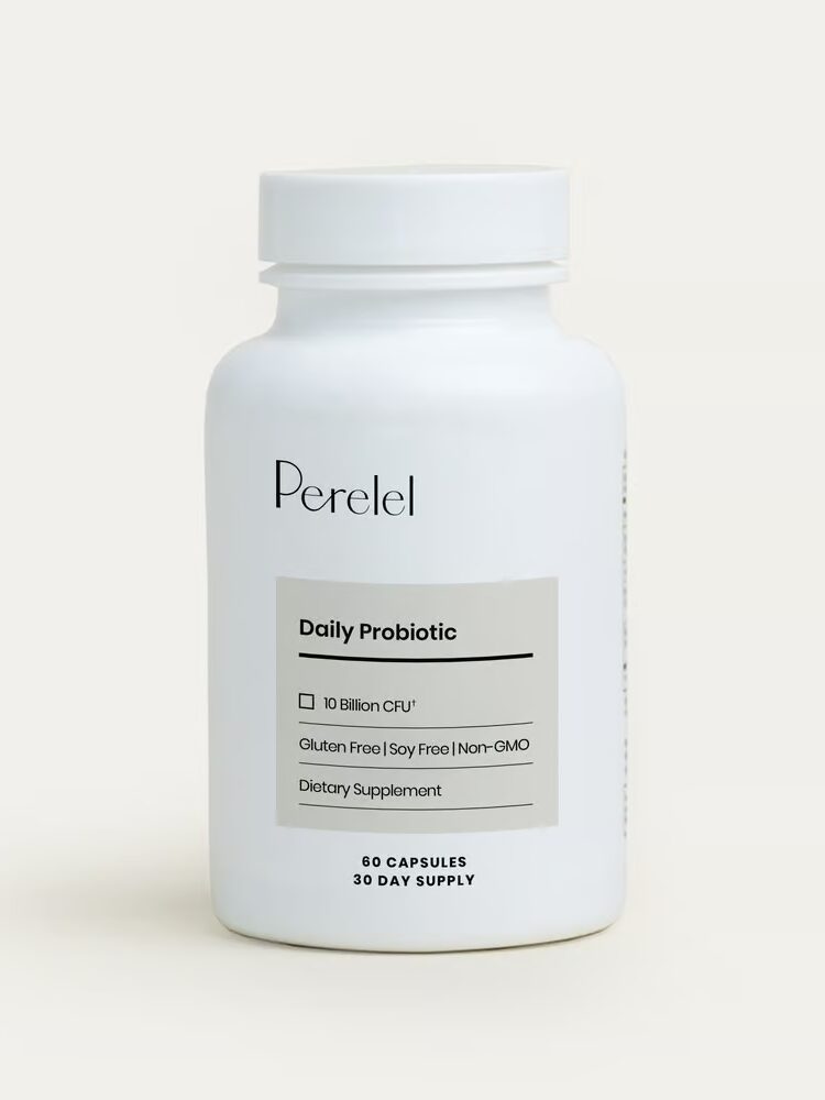 A white bottle labeled "Perelel Daily Probiotic" with details stating it contains 60 capsules, 30 billion CFU, and is gluten-free, soy-free, and non-GMO.