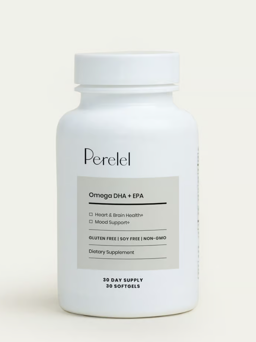 A white bottle labeled "Perelel Omega DHA + EPA" with details on heart, brain health, and mood support. It is gluten-free, soy-free, and non-GMO. Contains 30 softgels for a 30-day supply.
