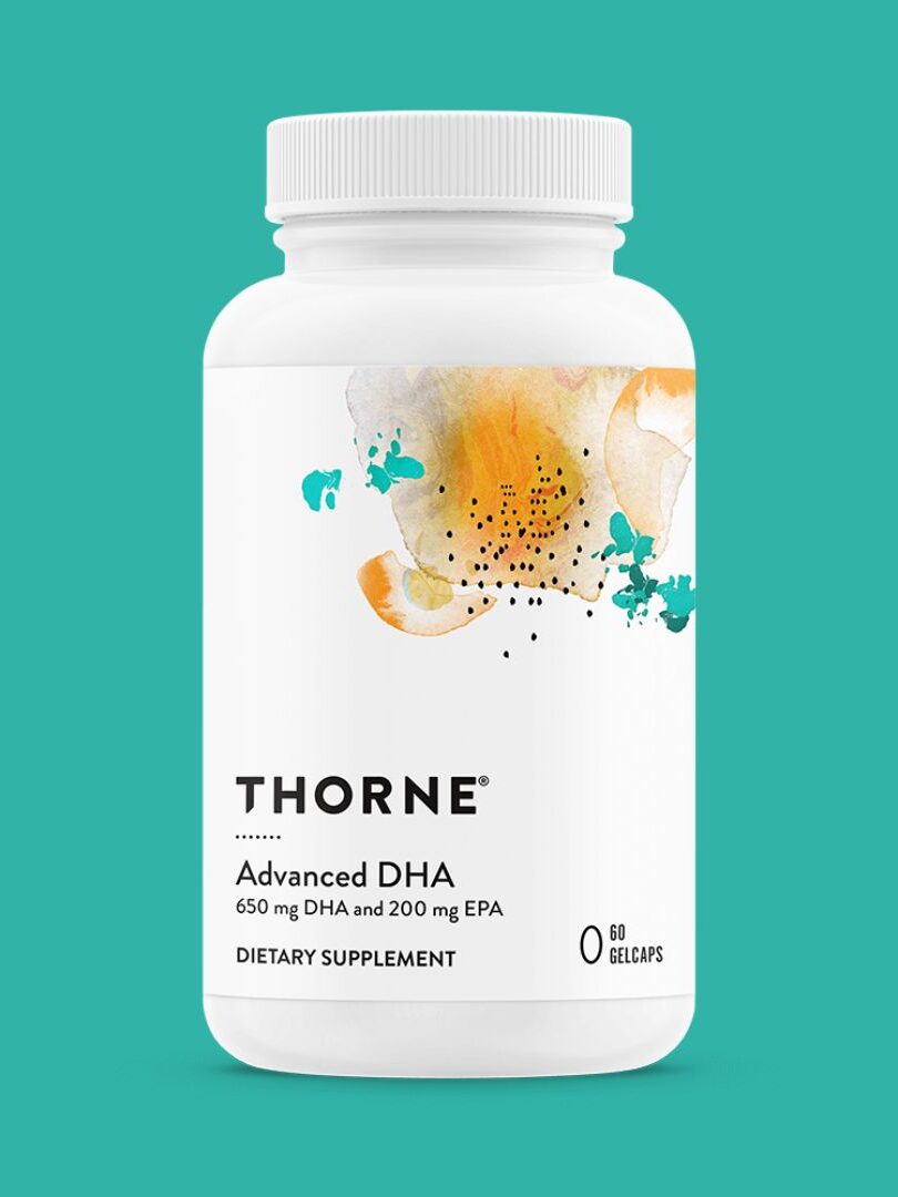 A bottle of Thorne Advanced DHA dietary supplement, featuring an abstract watercolor label. Contains 60 gelcaps with 650 mg DHA and 200 mg EPA.