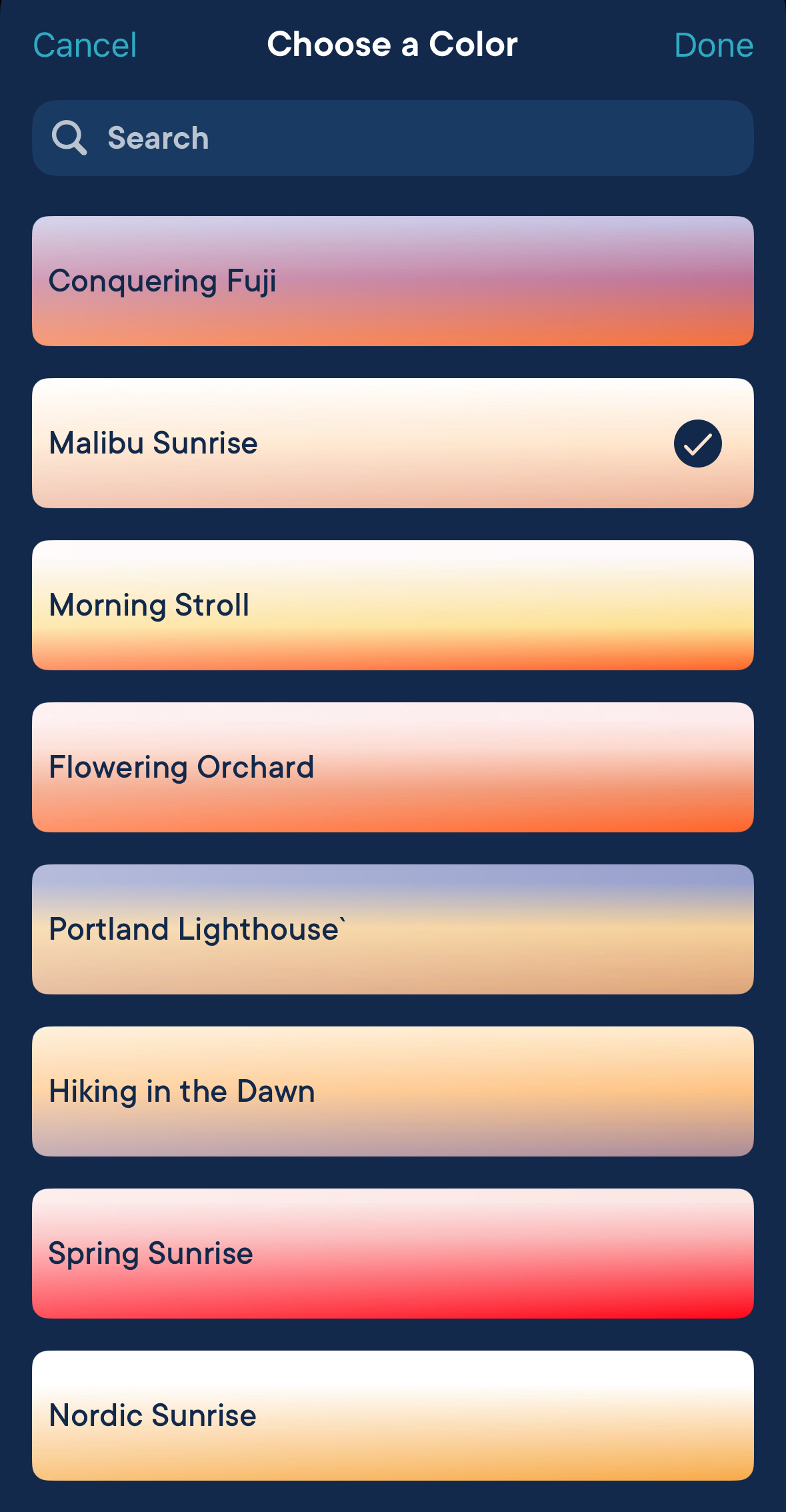 A selection screen with a color theme list. Malibu Sunrise is selected. Other themes include Conquering Fuji, Morning Stroll, Flowering Orchard, Portland Lighthouse, Hiking in the Dawn, Spring Sunrise, and Nordic Sunrise.