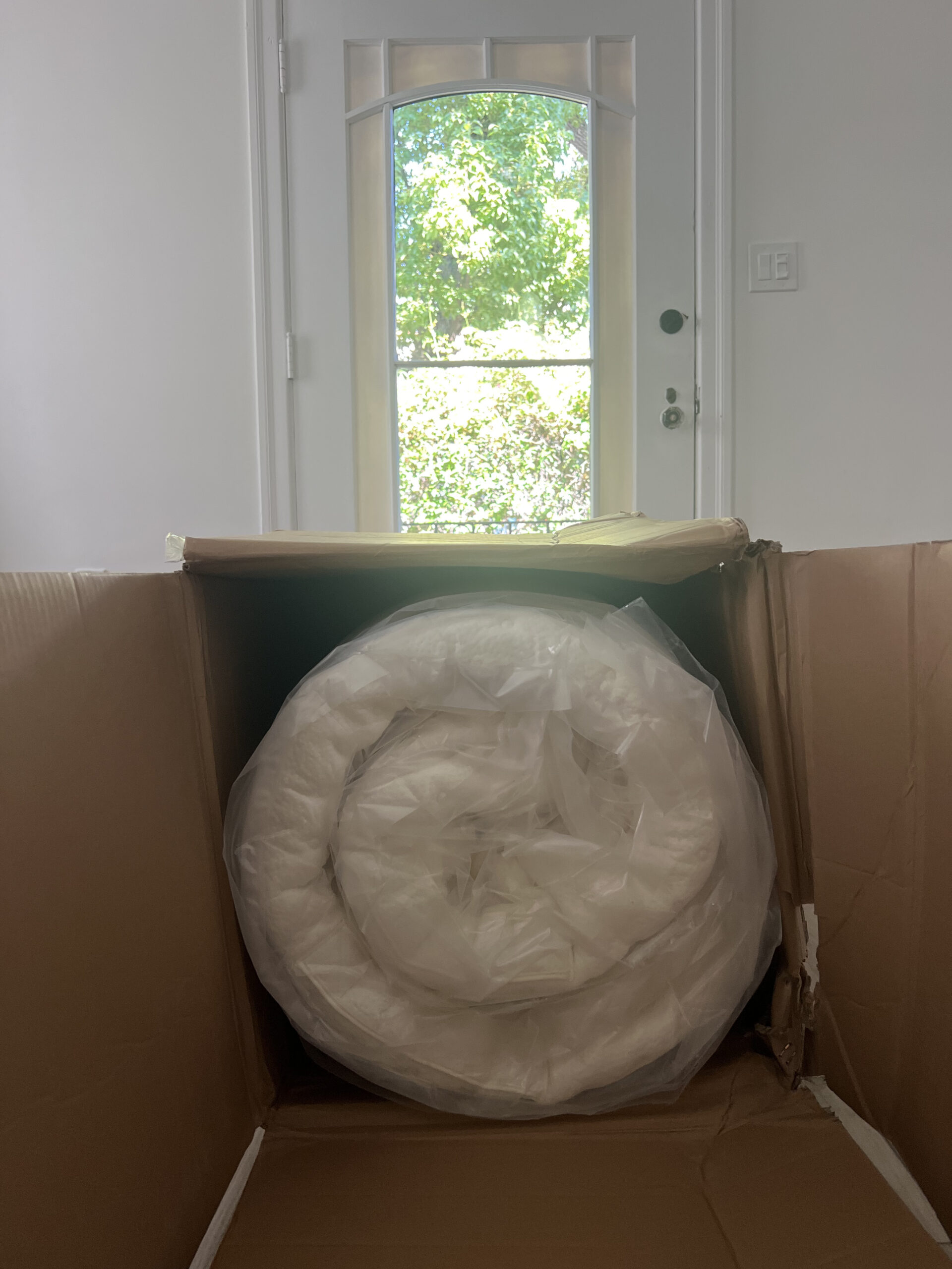 A large, rolled-up mattress still in clear plastic packaging is partially out of an open cardboard box, placed near a white door with a window showing outdoor greenery.