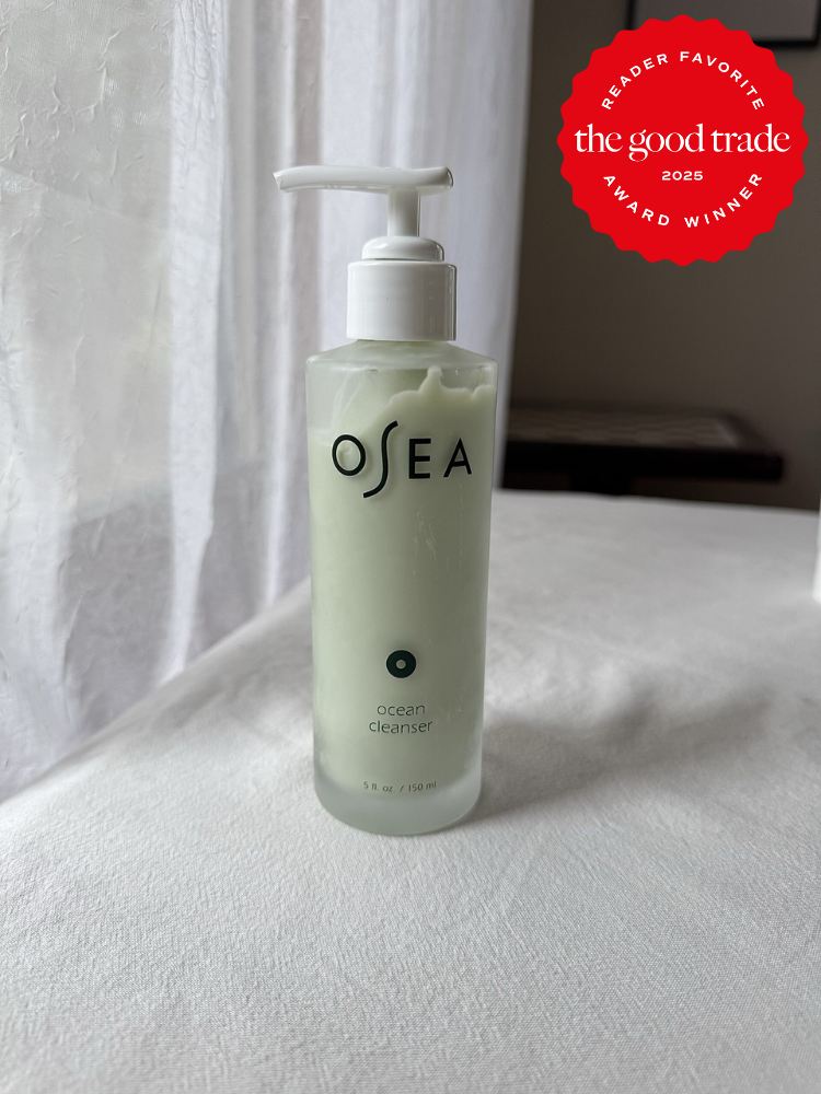 OSEA Ocean Cleanser bottle on a table, next to a "The Good Trade 2025 Reader Favorite Award Winner" badge.