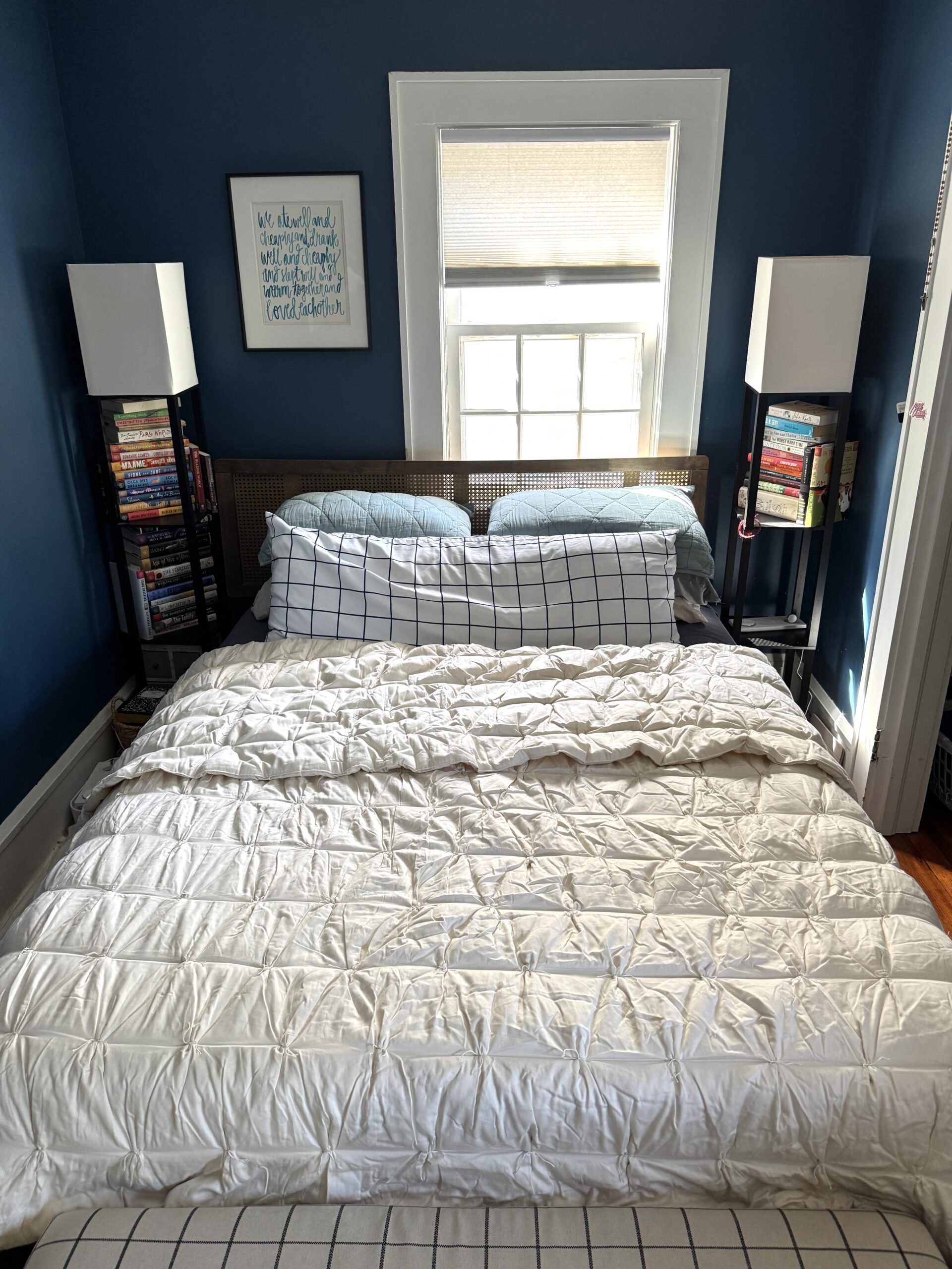 A Coyuchi duvet insert on a bed.