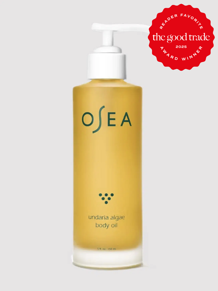 OSEA Undaria Algae Body Oil in a transparent pump bottle, featuring a "The Good Trade Award Winner 2025" badge in the top right corner.