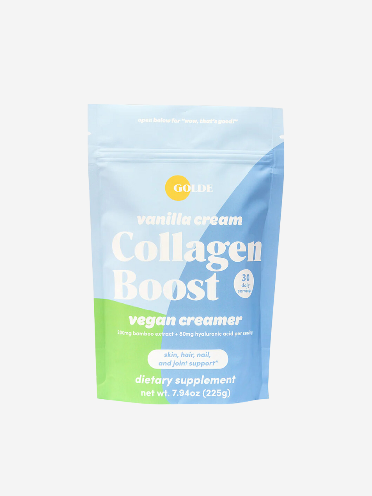 A bag of Golde Vanilla Cream Collagen Boost vegan creamer, featuring text about ingredients and benefits, with a net weight of 7.94 oz (225g).