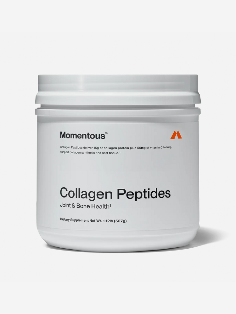 A white container labeled "Momentous Collagen Peptides" for joint and bone health, with 115g of collagen and 50mg of vitamin C. Net weight: 1.12lb (507g).