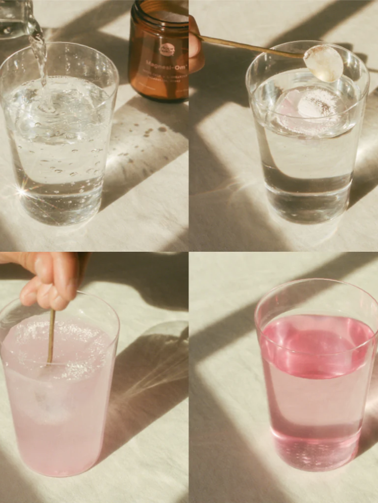 Four images show steps of adding and stirring a tablet in water, resulting in a pink liquid.