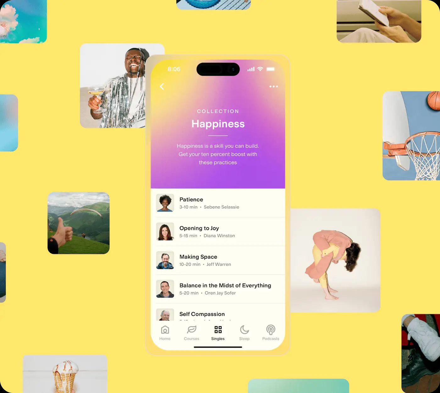 A smartphone displays a wellness app’s “Happiness” collection listing audio sessions on patience, joy, space, balance, and self-compassion, against a yellow background with lifestyle images.