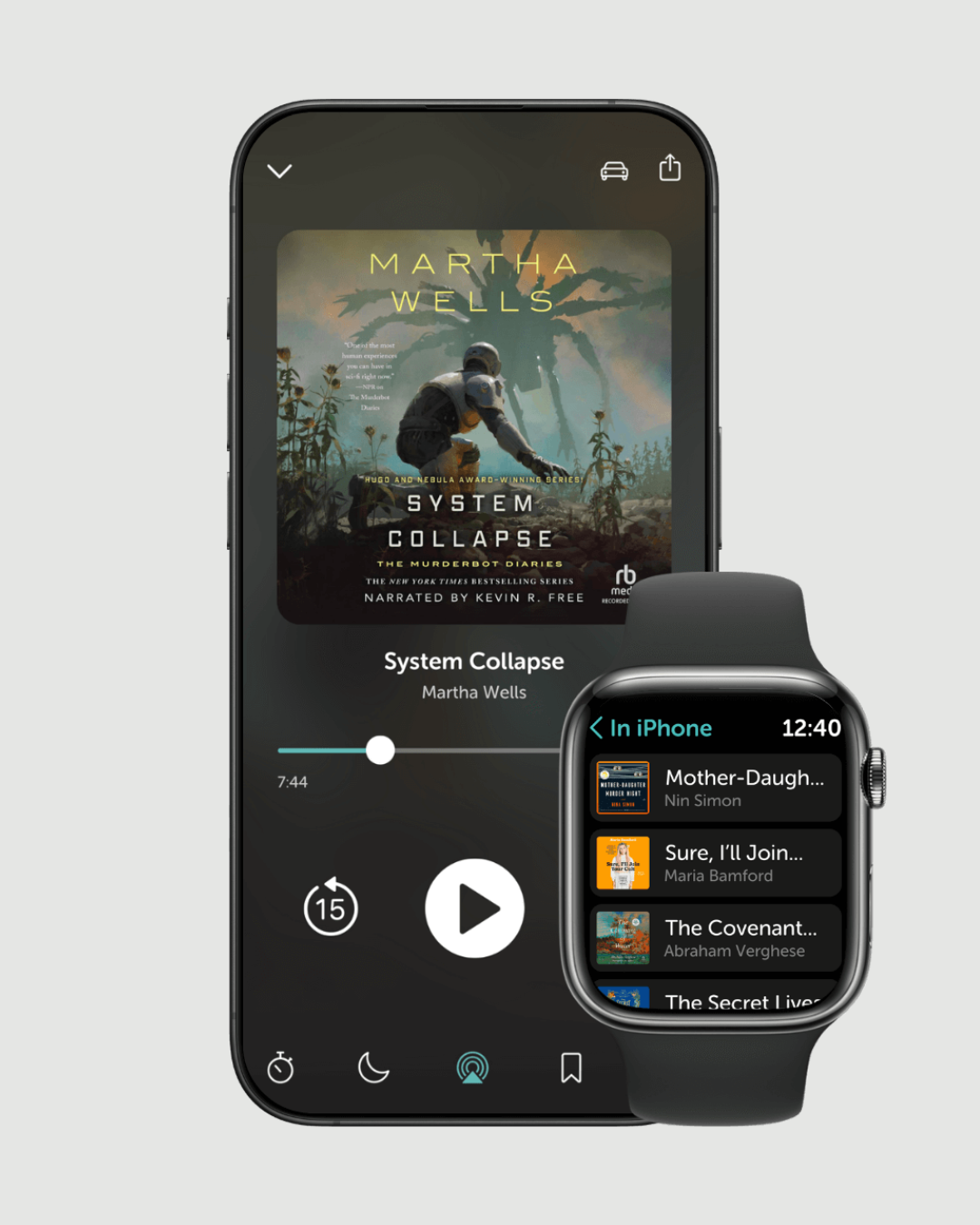 A smartphone displays an audiobook player app with “System Collapse” by Martha Wells, while a smartwatch shows a list of audiobooks in progress.