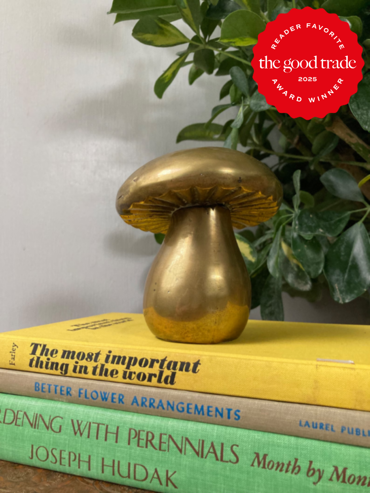 A brass mushroom sculpture sits on a stack of books next to a green plant. An award seal reads "Reader Favorite the good trade 2025 Award Winner.