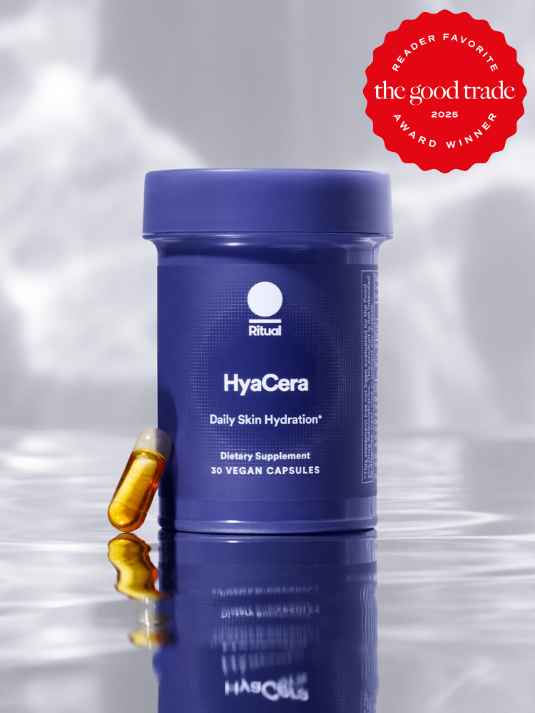 A blue container labeled "HyaCera Daily Skin Hydration" with one capsule beside it. Red badge on top right reads "the good trade, Reader Favorite, Award Winner 2023".