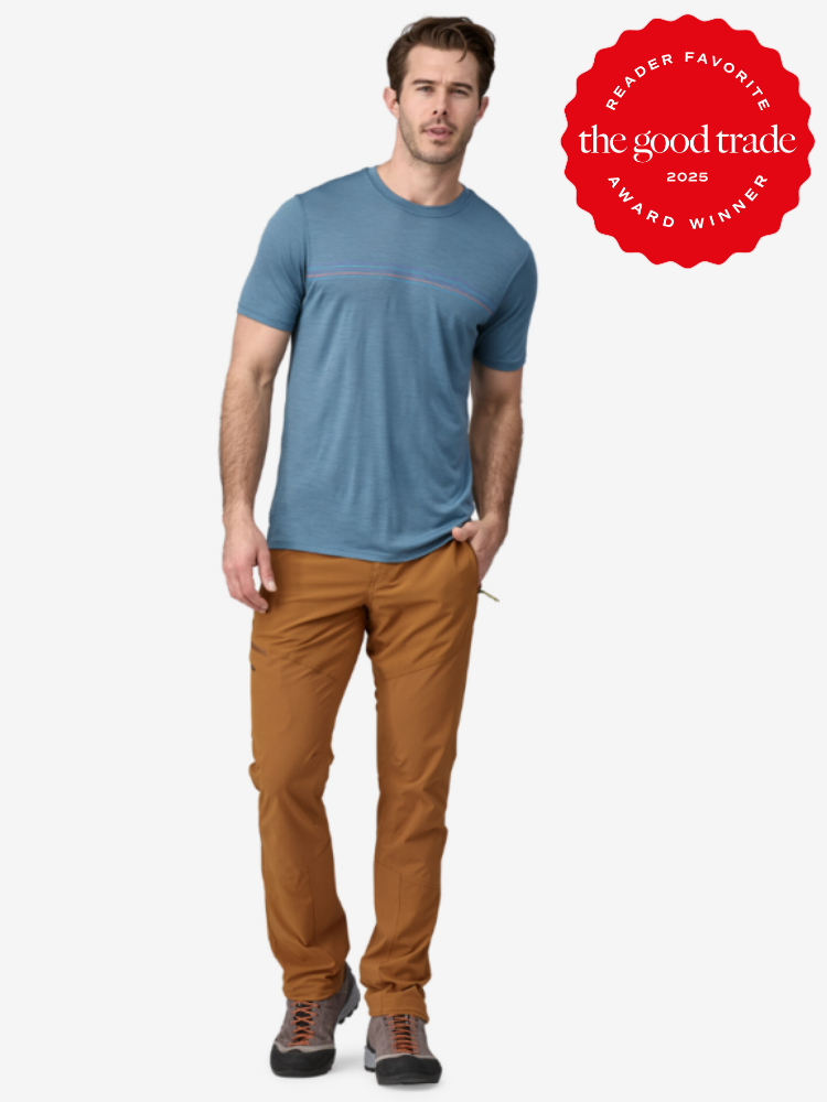 Man in a blue t-shirt and brown pants stands with hands by his sides. A red badge on the image reads "Reader Favorite The Good Trade Award Winner 2025.