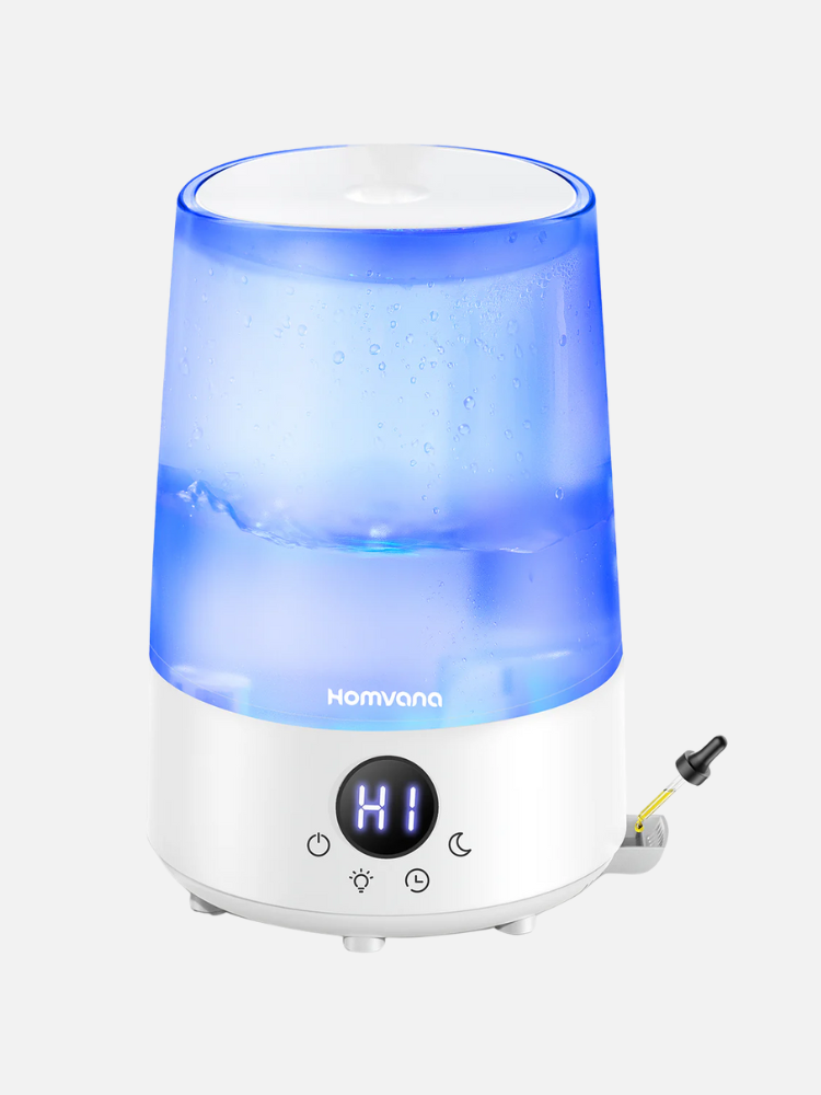 A white and blue humidifier with a digital display showing "HI" and control buttons at the base.
