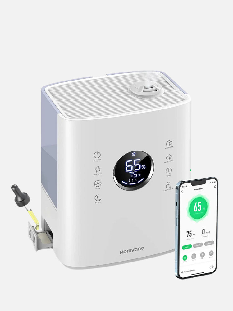 A white air purifier with a digital display showing 65% humidity. It has buttons for settings and a smartphone app displaying control options. A slot with a dropper is on the side.