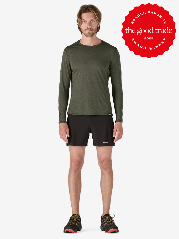 Person standing in athletic wear with an award badge for "The Good Trade Reader Favorite 2025" beside them.