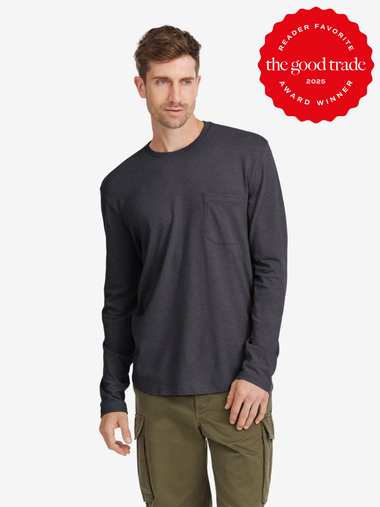 Man in long-sleeve dark shirt and green cargo pants. "The Good Trade" 2025 Reader Favorite Award badge displayed.