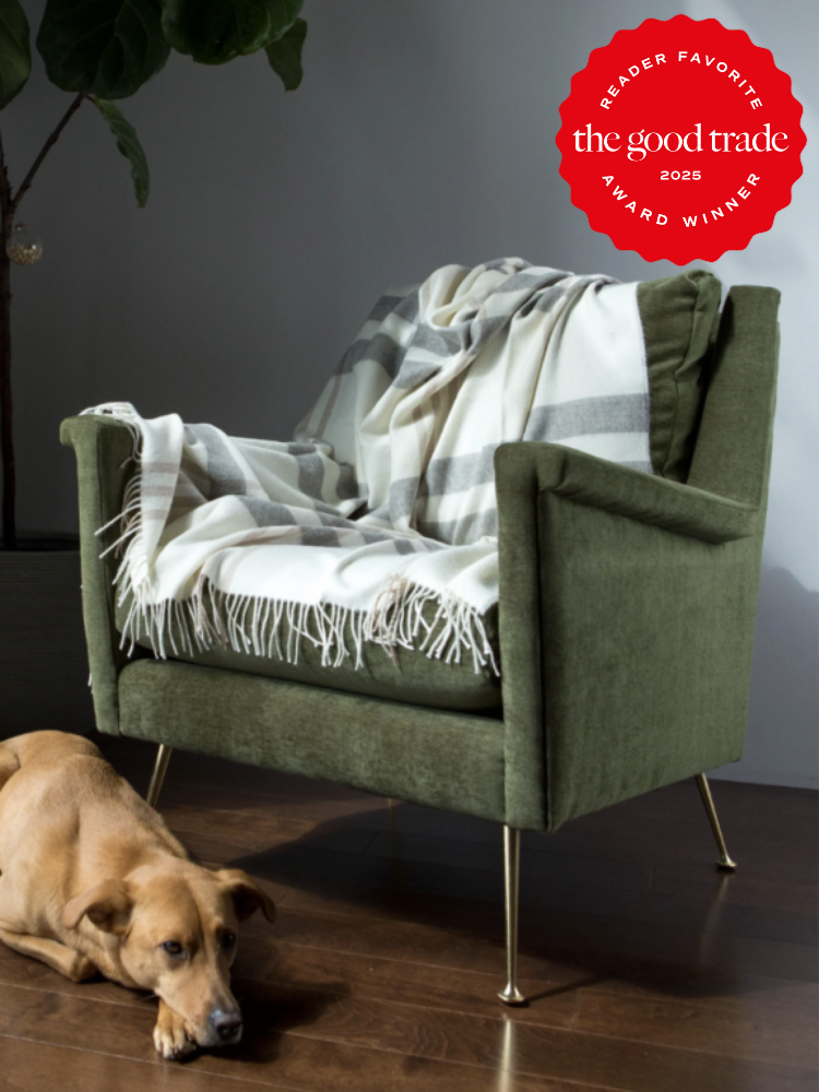 A dog lies on the wooden floor next to a green armchair draped with a striped blanket. A "Reader Favorite: The Good Trade, 2023 Award Winner" badge is displayed in the top right corner.